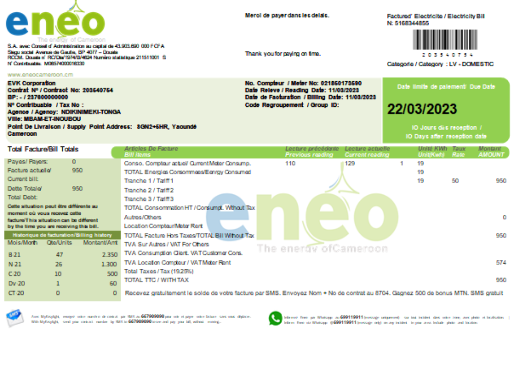 Download ENEO electricity utility business bill,  SCR Photoshop template